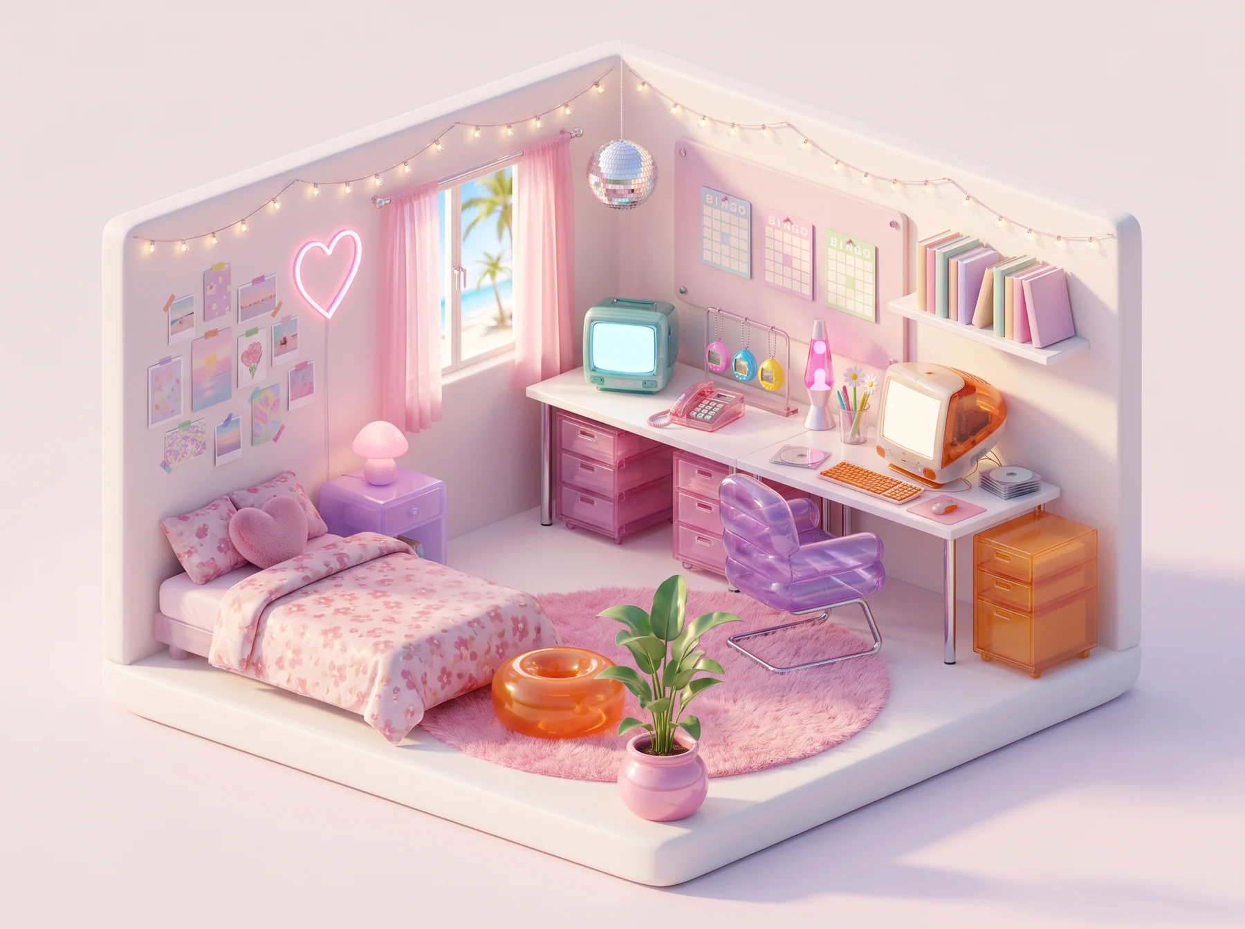 Preview of your room: a Y2K bedroom office with translucent gadgets